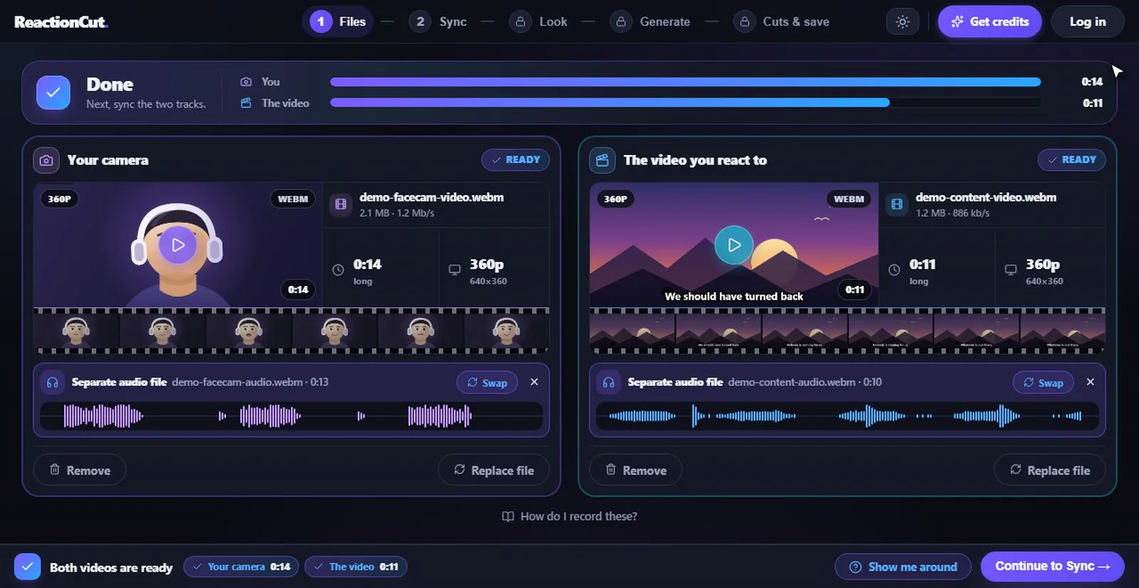 The Files step with the demo project: your camera, with the person centred, and the video you react to, both ready and each with its own separate audio file